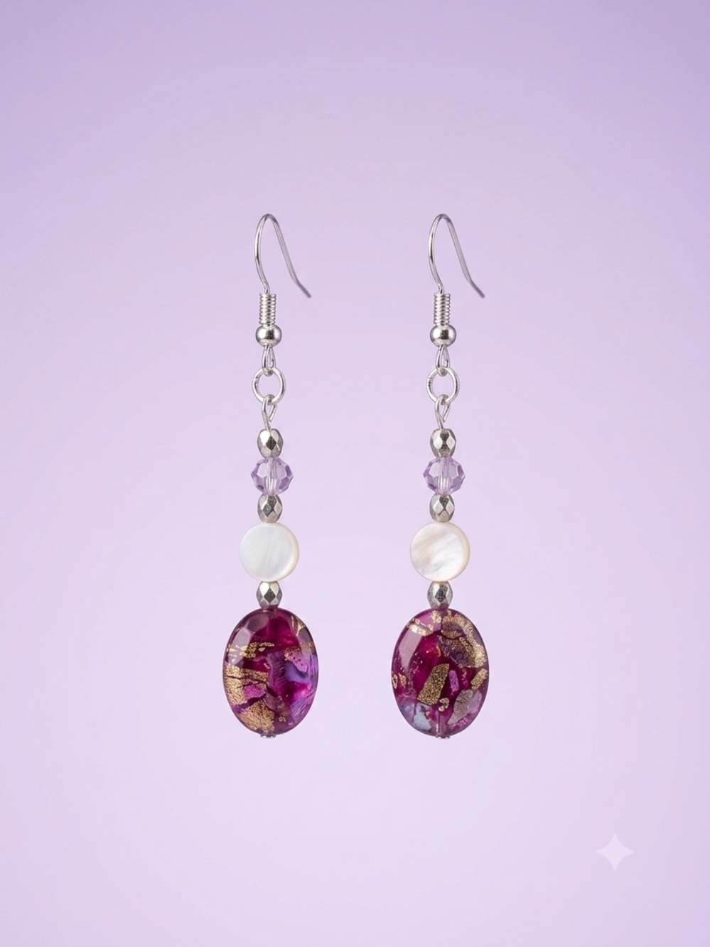 Handmade Purple Glass Drop Earrings with Mother-of-Pearl Accents
